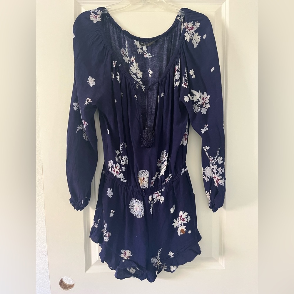 Knot Sisters  Blue Flowered long sleeve Romper, shorts